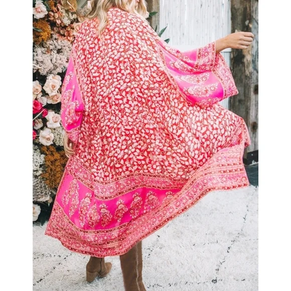 New Boho Peasant Floral Sheer Kimono Maxi Duster Jacket Cardigan Red Pink - Picture 7 of 11